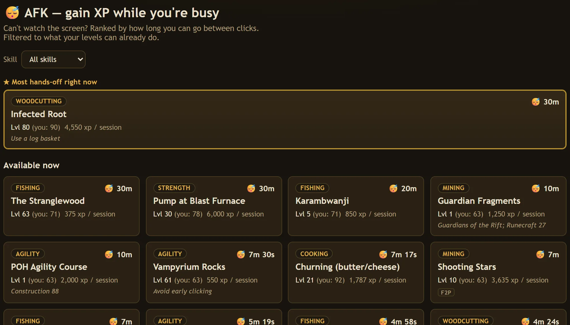 The AFK tab ranking training methods by how long you can go between clicks, filtered to the account's levels.