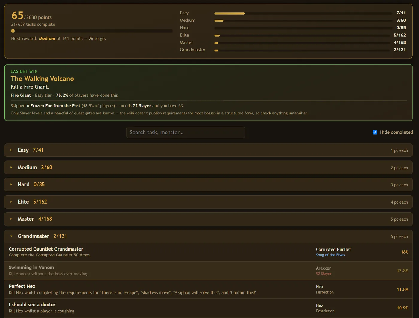 The combat achievements view with tier progress and a searchable task list.