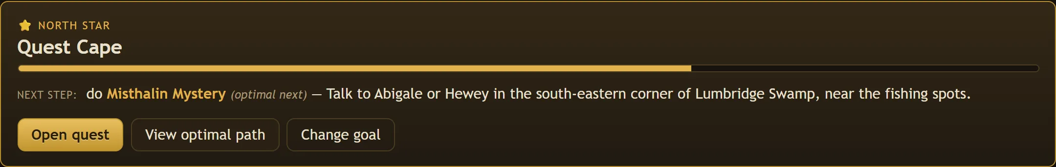 A North Star goal card for a Quest Cape, showing progress and the next quest to do with where to start it.