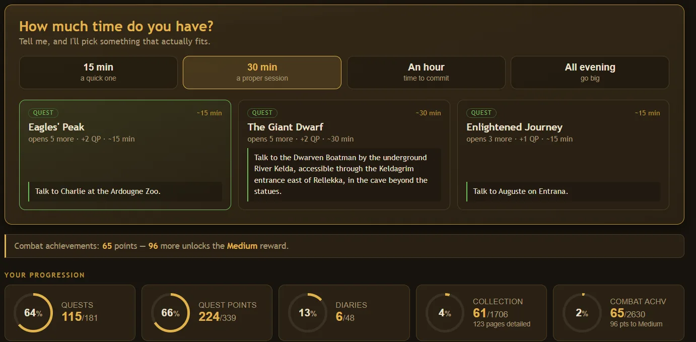 Waypoint asking how much time you have, with three quests suggested to fit a 30 minute session.