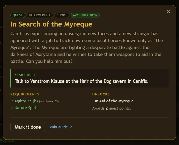 A quest detail card for In Search of the Myreque, listing requirements and unlocks.