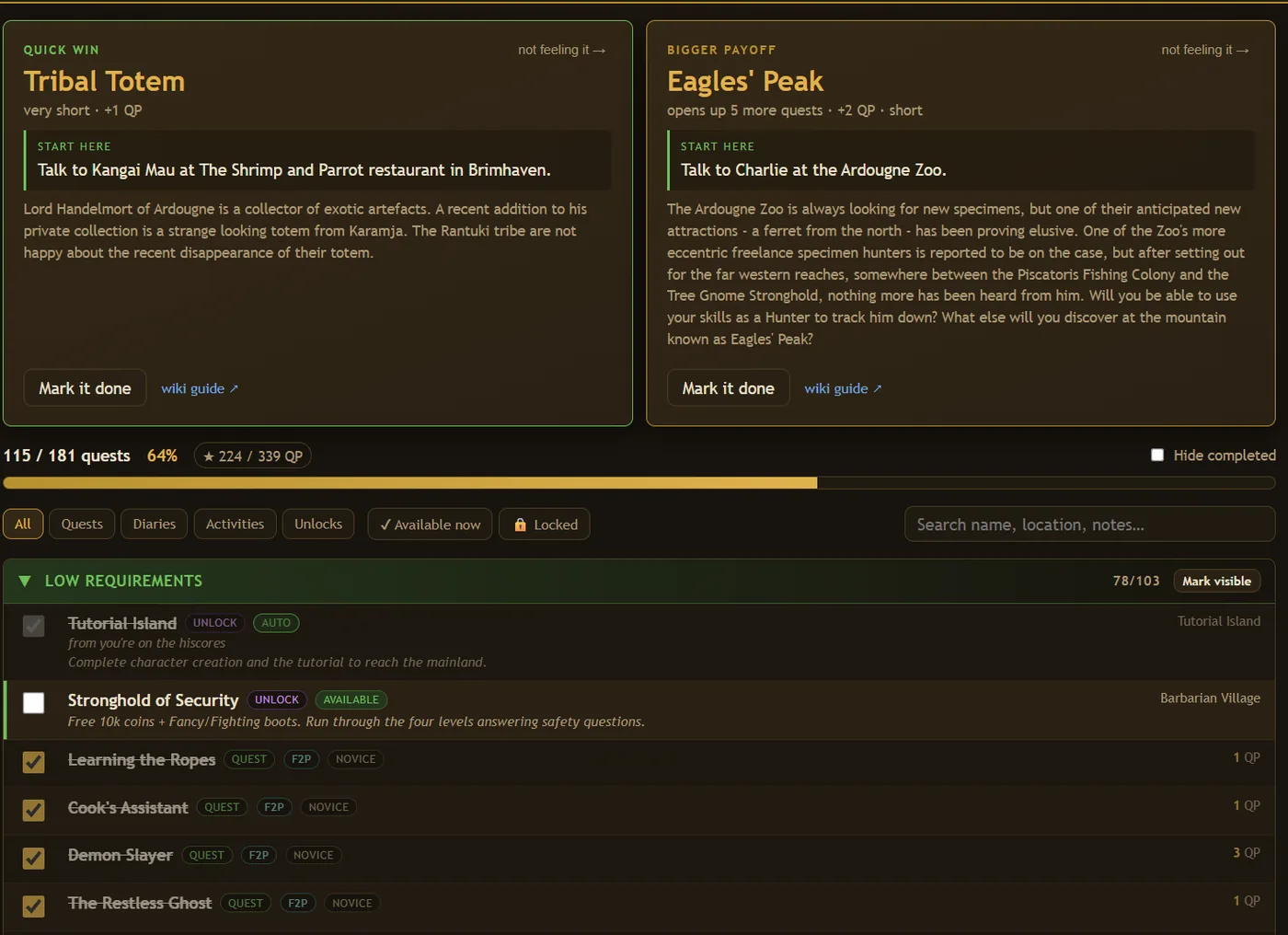 The quest list, showing available and locked quests with their requirements.