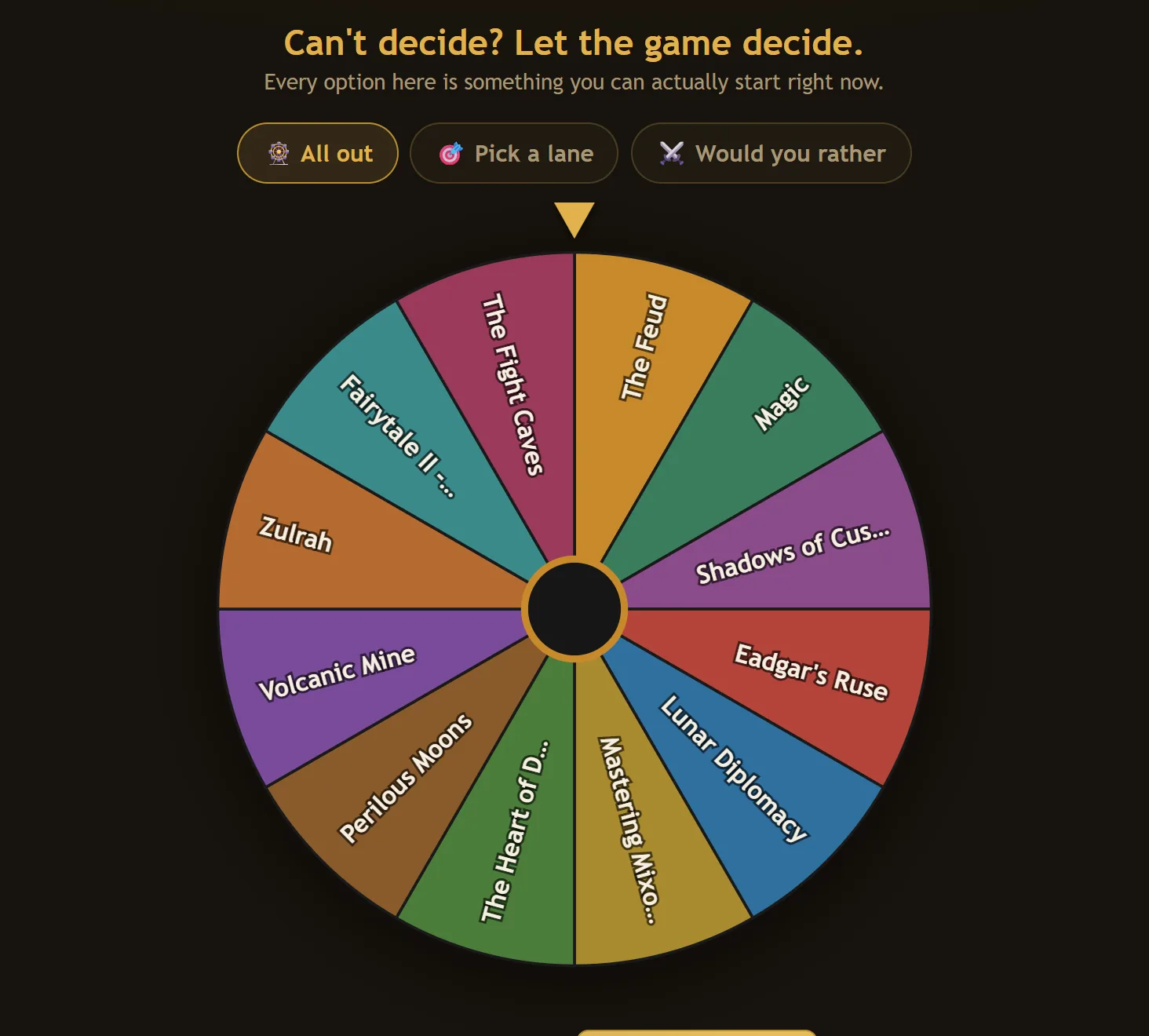 The Roll wheel, its segments labelled with quests and bosses the account can start right now.